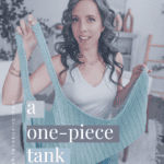 A woman with wavy hair holds a knitted blue Wheat Stitch Tank Top. Text on the image reads, "a one-piece tank top." Website URL is visible on the left side, highlighting this free crochet pattern.