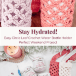 Two crocheted water bottle holders in pink and purple shades are displayed with yarn, crochet hooks, and a candle on a table—perfect inspiration for your next Free Crochet Water Bottle Holder project.