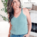 Woman wearing a light green Wheat Stitch Tank Top and denim skirt, standing indoors and smiling; text reads "One-Piece Tank Top, Free Crochet Pattern.