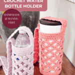 Two crocheted water bottle holders, one pink and one lavender, each holding a bottle, are displayed on a wooden surface with a plant in the background—a perfect inspiration for your next Free Crochet Water Bottle Holder project.