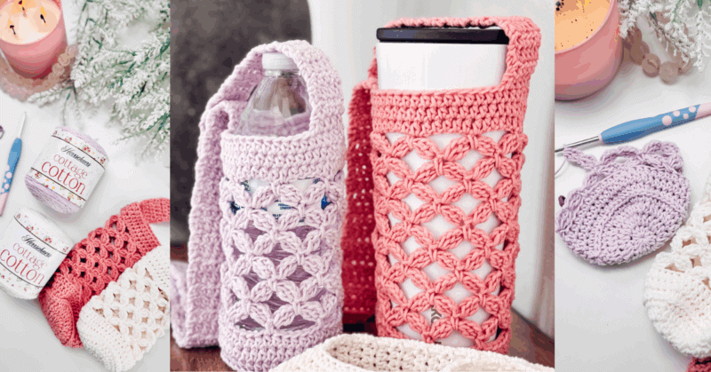 Three images show crochet water bottle and tumbler holders, cotton yarn, a crochet hook, and a partially completed crochet piece on a tabletop with candles and plants.