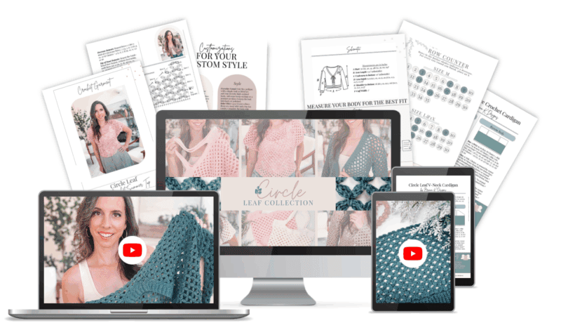 Digital mockup featuring crochet pattern printouts, instructional pages, and devices displaying Granny Stitch tutorials and patterns, with images of a woman holding crocheted items.