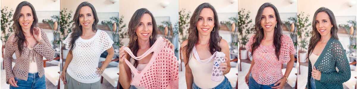 A woman models six different Granny Stitch crocheted tops and shawls in various colors, standing indoors with plants and furniture visible in the background.