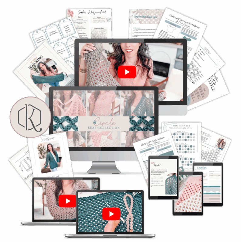 A variety of crochet pattern PDFs, including the Circle Leaf Stitch Crochet Collection, instruction sheets, and digital devices displaying crochet tutorials and projects are arranged around a desktop computer and tablets.