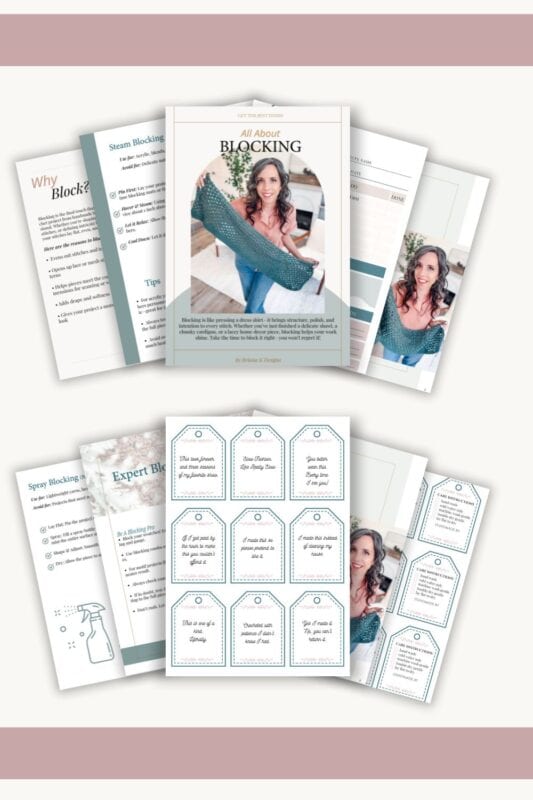 A neatly arranged set of printed guide pages and tags featuring a woman holding a Granny Stitch knitted item, titled "All About Blocking," with instructions and tips for blocking knitwear.