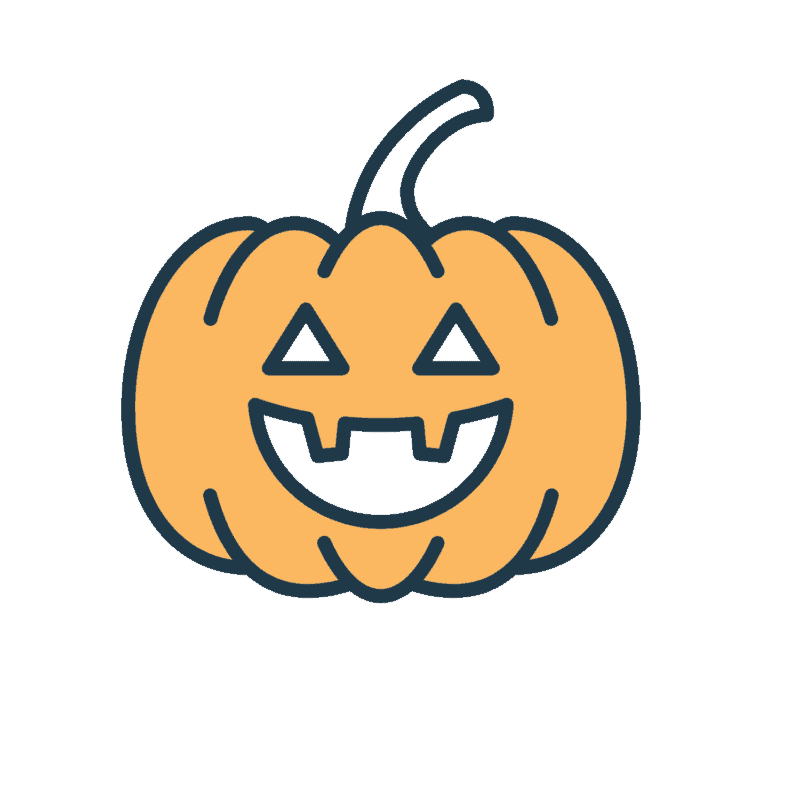 Simple illustration of a carved pumpkin with triangular eyes and a toothy, smiling mouth, resembling a jack-o'-lantern on a plain white background.