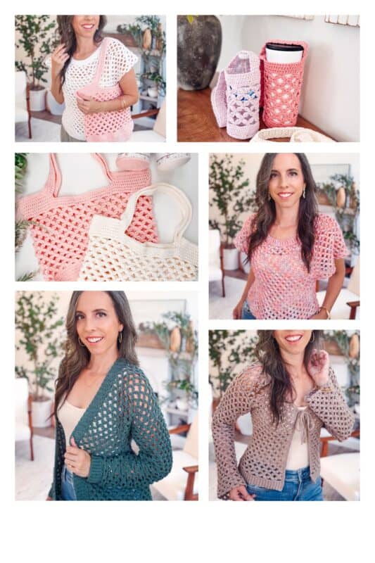 A woman models various crochet items, including tote bags, a pink top, a green cardigan, and a beige cardigan&mdash;perfect inspiration for Crochet & Knit Courses. Separate images offer close-ups of the crochet tote bags.