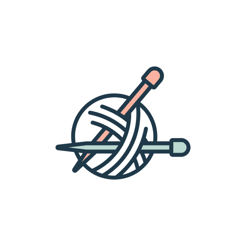 Illustration of a ball of yarn with two knitting needles crossed through it on a plain background.