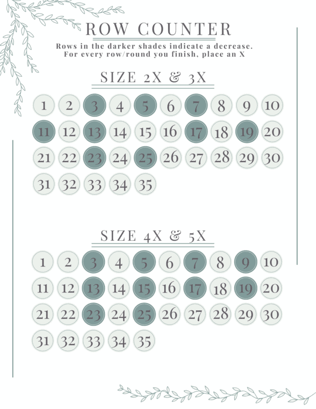 Knitting row counter chart for sizes 2X, 3X, 4X, and 5X with numbered circles; inspired by the Circle Leaf Stitch Crochet Collection. Darker circles indicate decrease rows.