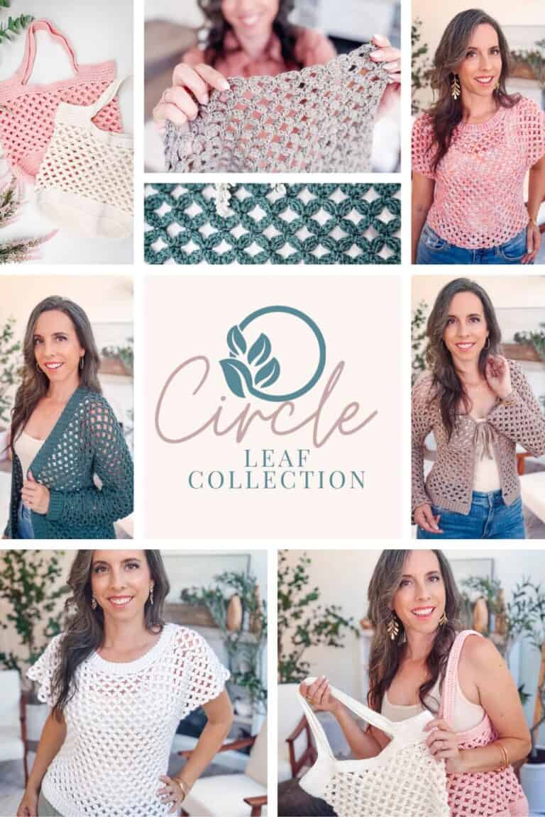 A collage displays a woman modeling crocheted tops and bags in various colors and styles, featuring classic Granny Stitch patterns, with "Circle Leaf Collection" text and logo in the center.