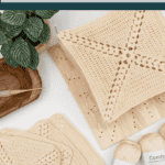 Crocheted squares, yarn, a blocking mat with pins, a wooden bowl, and a plant are arranged on a white surface under a sign that reads "How to Block Crochet & Why it Matters"—essential for giving crochet projects a professional finish.