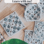 Several crocheted granny squares are laid out on a wooden surface with a text overlay asking how to block a crochet project for a professional finish. A green plant is partially visible in the foreground.