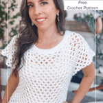 Woman wearing a white lace crochet summer top, standing indoors and smiling at the camera. Text overlay reads "Free Crochet Pattern Summer Top.