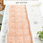 A crocheted piece is pinned to a blocking mat with a grid, alongside text explaining how blocking crochet projects gives your work a professional finish and highlights essential tools needed for the process.