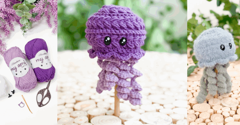 Three images: left shows purple yarn and crochet tools; center shows a purple crocheted jellyfish with eyes; right shows a light blue crocheted jellyfish, both on a wooden surface.