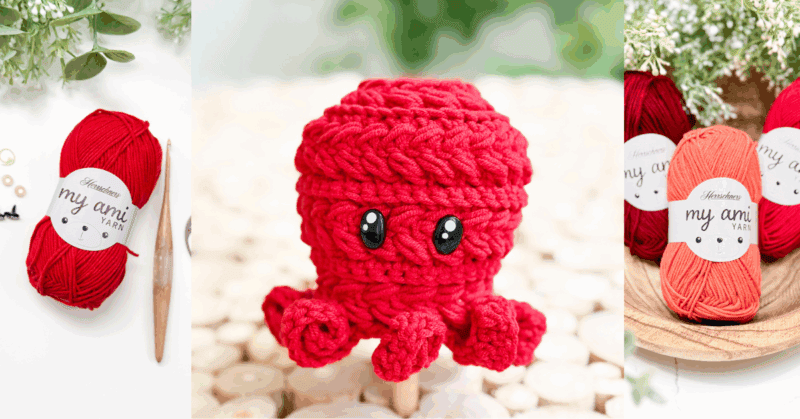 A red crocheted octopus with large eyes is displayed between skeins of red and orange yarn labeled "my ami yarn" and crochet hooks.
