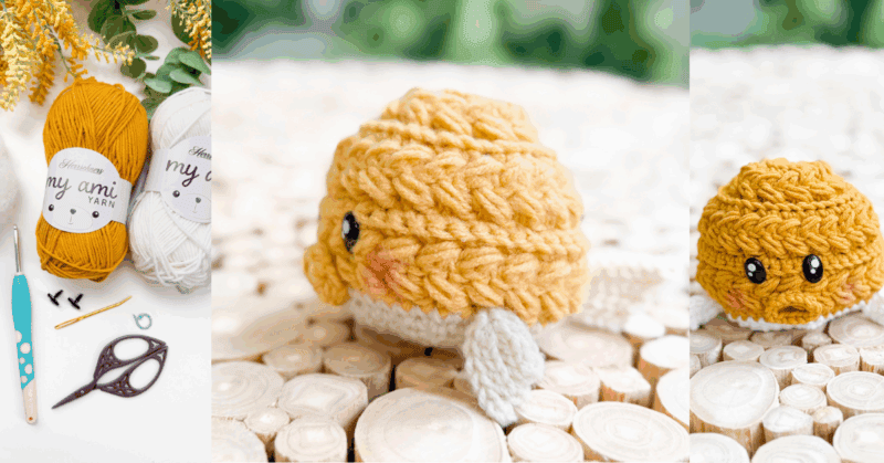 Three images show yellow and white yarn, crochet tools, and a small crocheted bee with blushing cheeks and black eyes on a wooden surface.