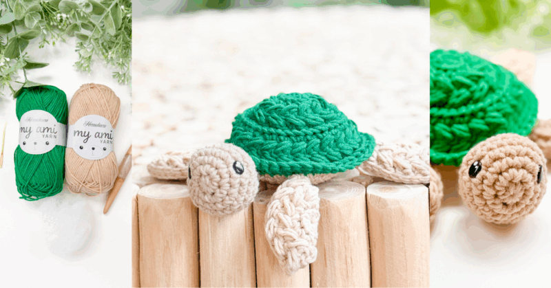 Crocheted turtle with a green shell and beige body displayed on wooden posts; yarn skeins, hook, and stuffing are shown beside it.