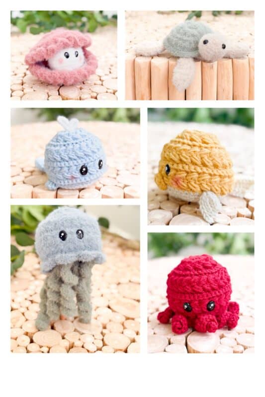 Six crocheted sea creatures, made by students in our Crochet & Knit Courses, include a pink clam, green turtle, blue whale, yellow fish, gray jellyfish, and red octopus displayed on a wooden surface.