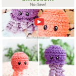 Collage showing two crocheted jellyfish amigurumi in purple and orange with text promoting a free crochet pattern and video tutorial.