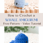 Two crocheted whale amigurumi, one light blue and one dark blue, are displayed on a wooden surface. Text overlay offers a free pattern and video tutorial on making a whale amigurumi.