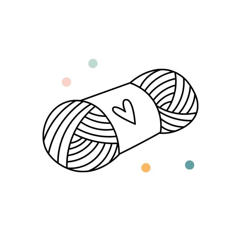 Black and white illustration of a yarn skein with a heart on its label, surrounded by four colored dots on a plain background.