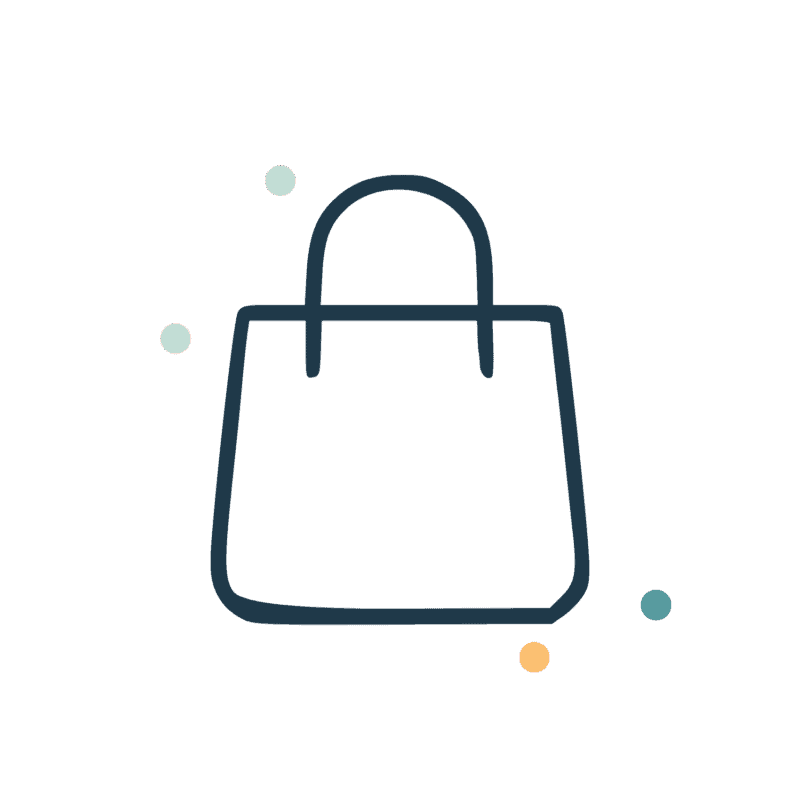 Simple line drawing of a shopping bag with four small, colorful dots surrounding it on a light gray background.