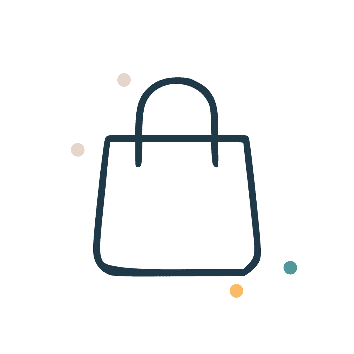 Simple line drawing of a shopping bag with four small, colorful dots surrounding it on a light gray background.