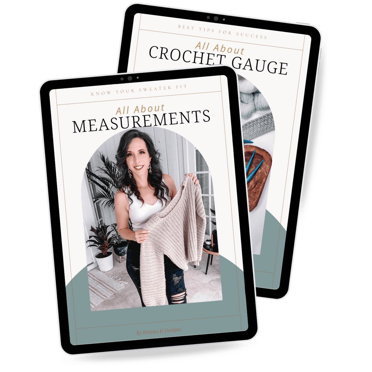 Two digital tablets display e-books titled &ldquo;All About Measurements&rdquo; with a woman holding a sweater, and &ldquo;All About Crochet Gauge&rdquo; featuring a close-up of crochet tools.