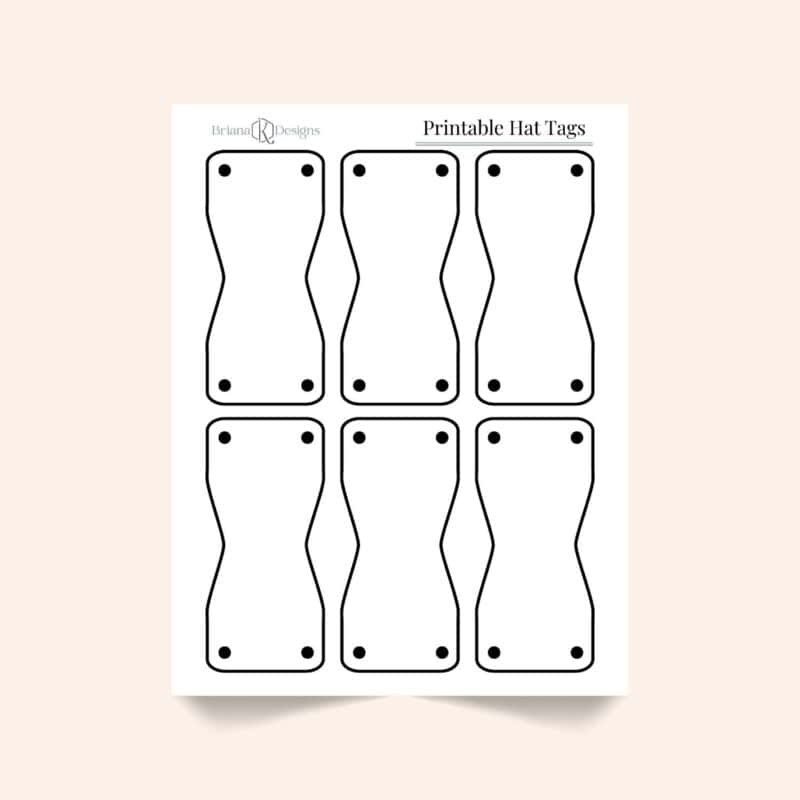 A sheet displaying eight rectangular printable hat tag templates, each with four corner holes and a curved waist shape, on a light background.