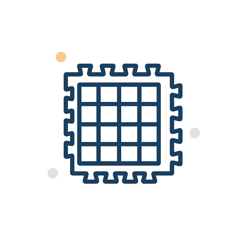 A simple line drawing of a square grid resembling a puzzle mat, with three small colored dots in the background.