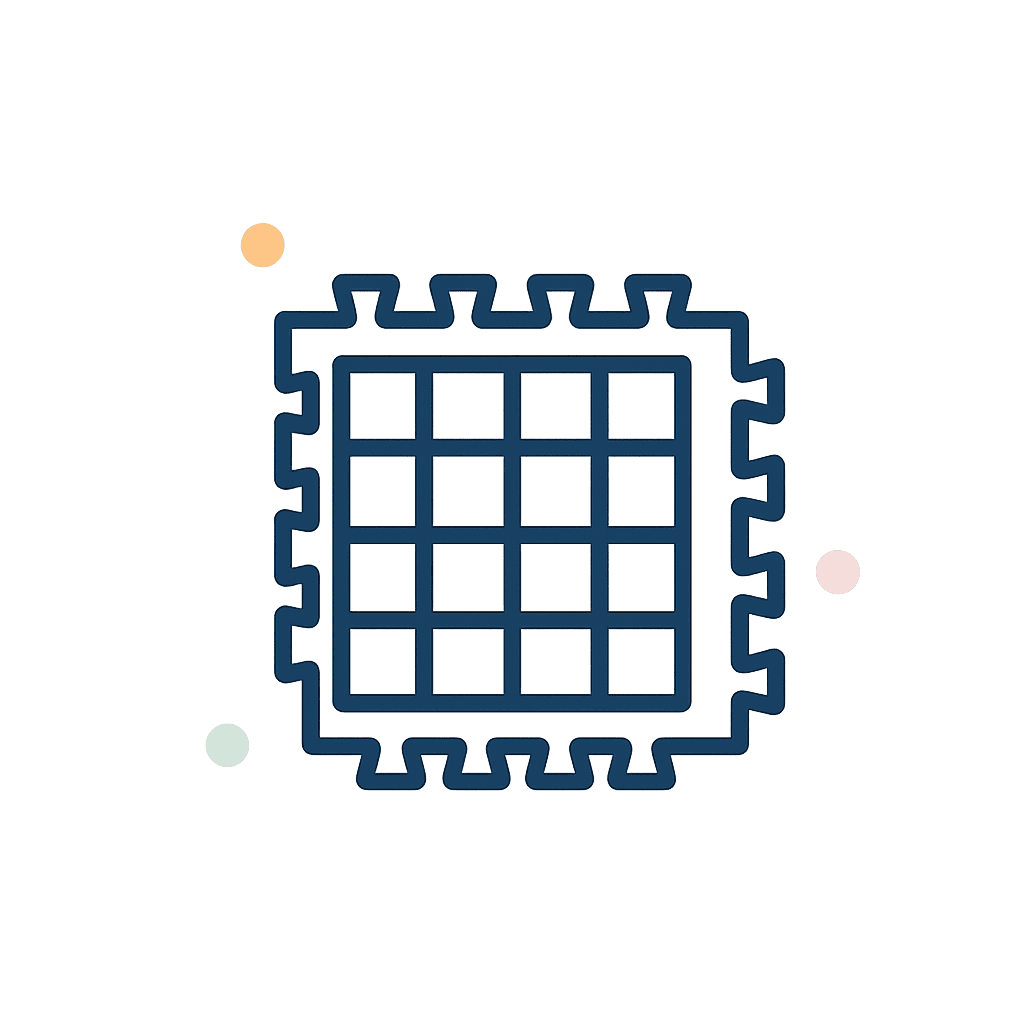 A simple line drawing of a square grid resembling a puzzle mat, with three small colored dots in the background.