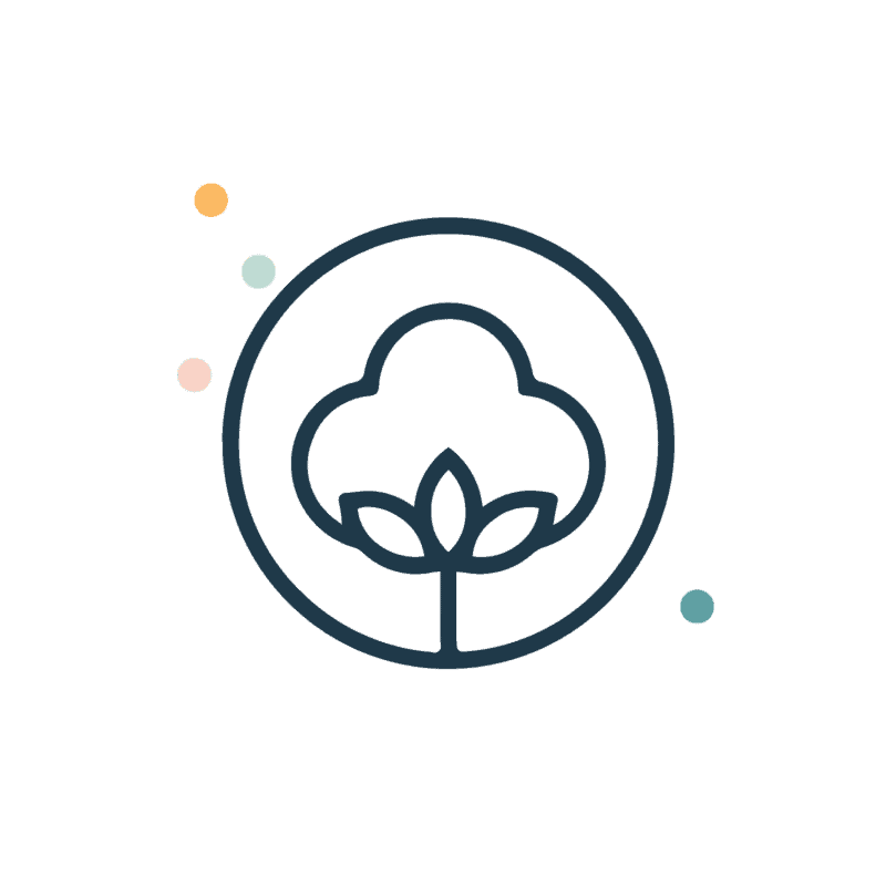 Simple line drawing of a cotton plant inside a circle with four small, colorful dots scattered around on a light background.
