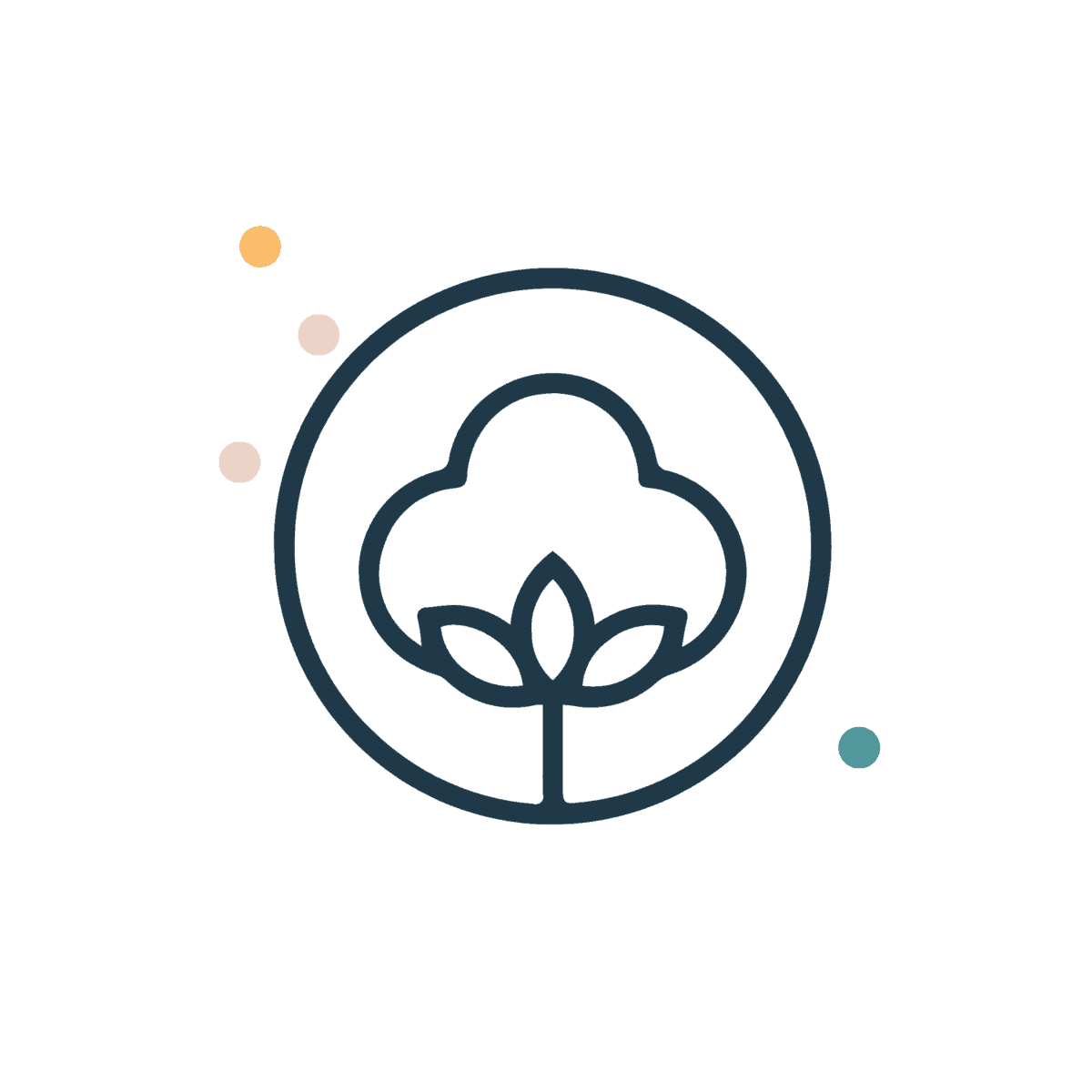 Simple line drawing of a cotton plant inside a circle with four small, colorful dots scattered around on a light background.