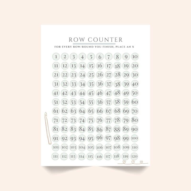 A printed chart titled "Row Counter" with numbered circles from 1 to 120, a crochet hook illustration, and instructions to mark an X after each finished row or round.