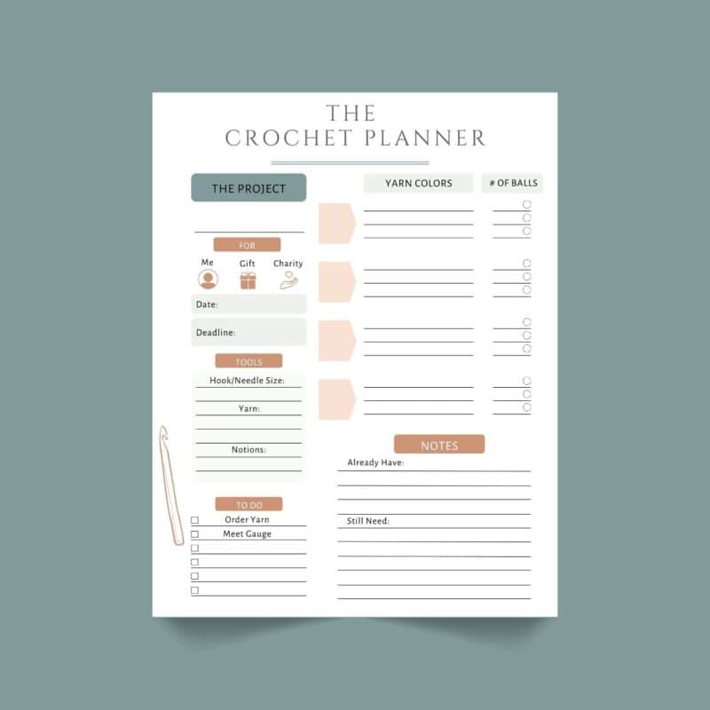 A crochet planner sheet with sections for project details, yarn colors, number of balls, tools, deadlines, notes, and a to-do list on a blue-gray background.