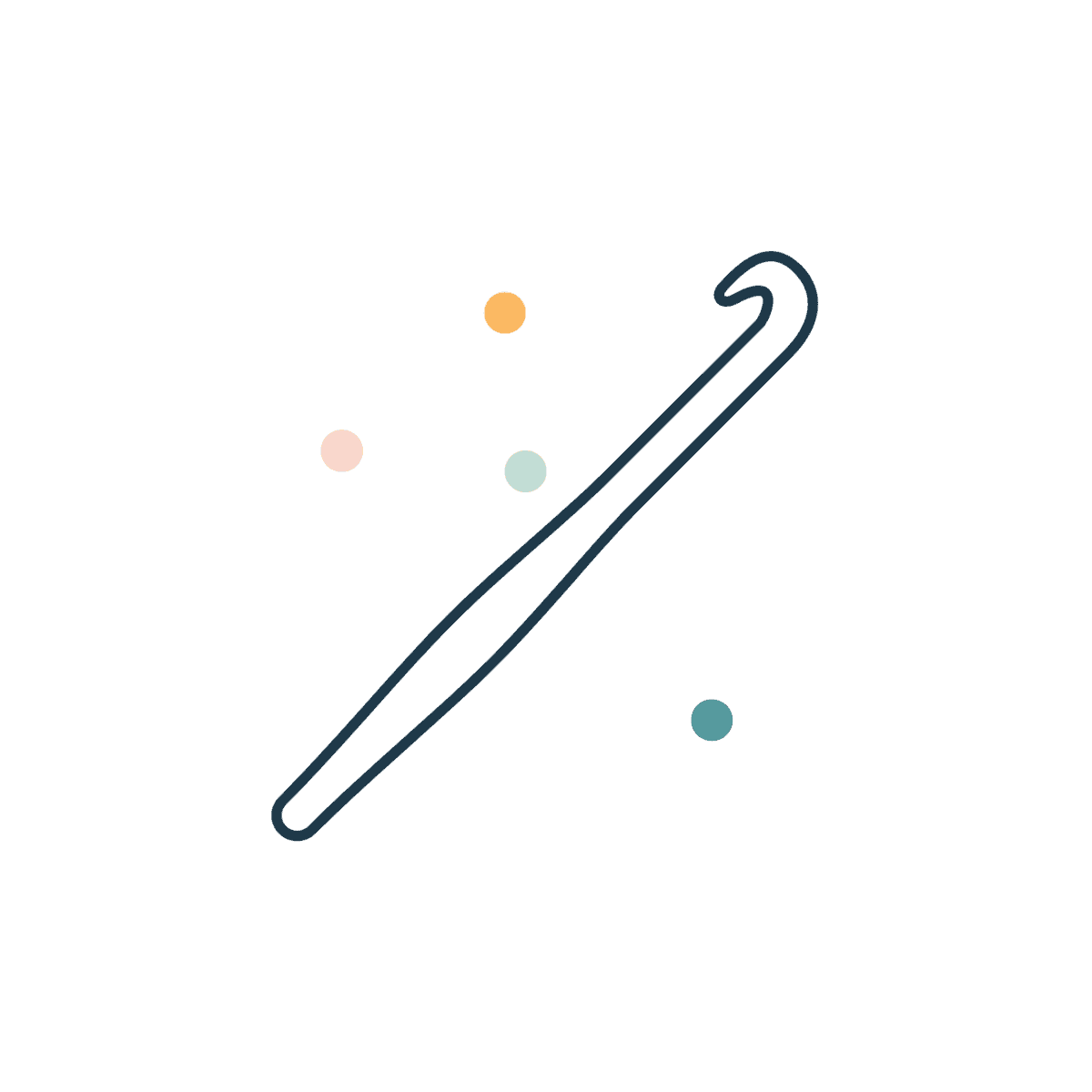 A simple line drawing of a crochet hook with four small, colorful dots scattered around it on a white background.