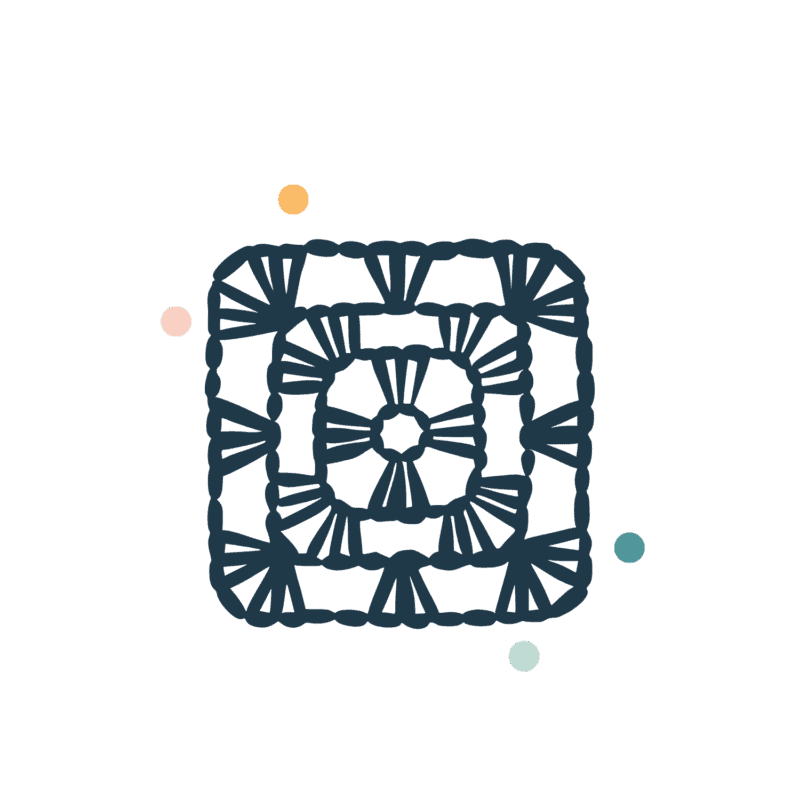 A navy blue square crochet motif with geometric patterns, surrounded by four small pastel-colored dots on a light background.