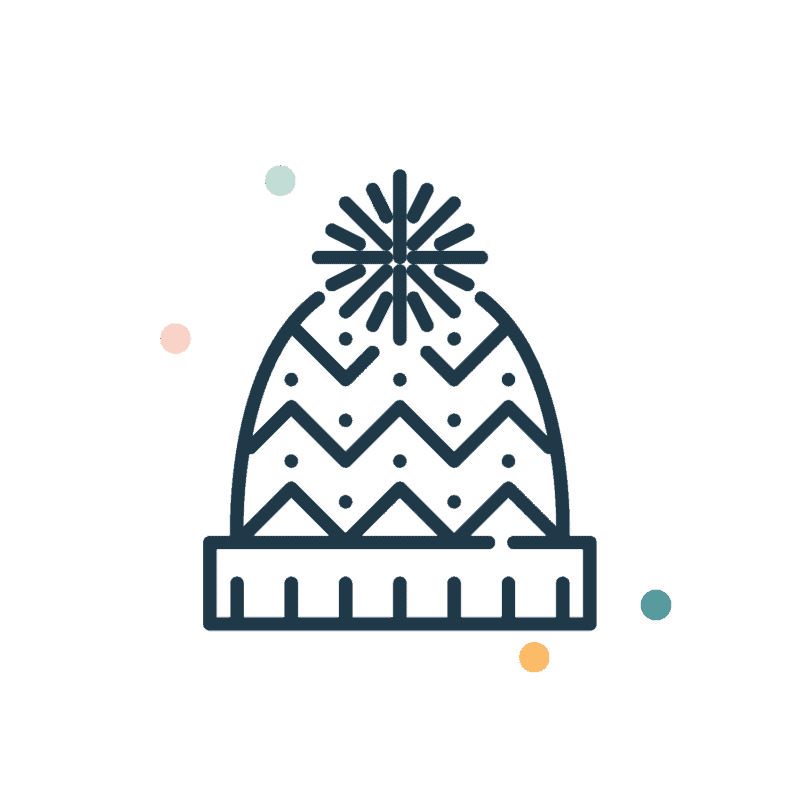 Simple line drawing of a winter knit hat with a pom-pom on top, zigzag patterns, and small decorative dots; colored circles are in the background.