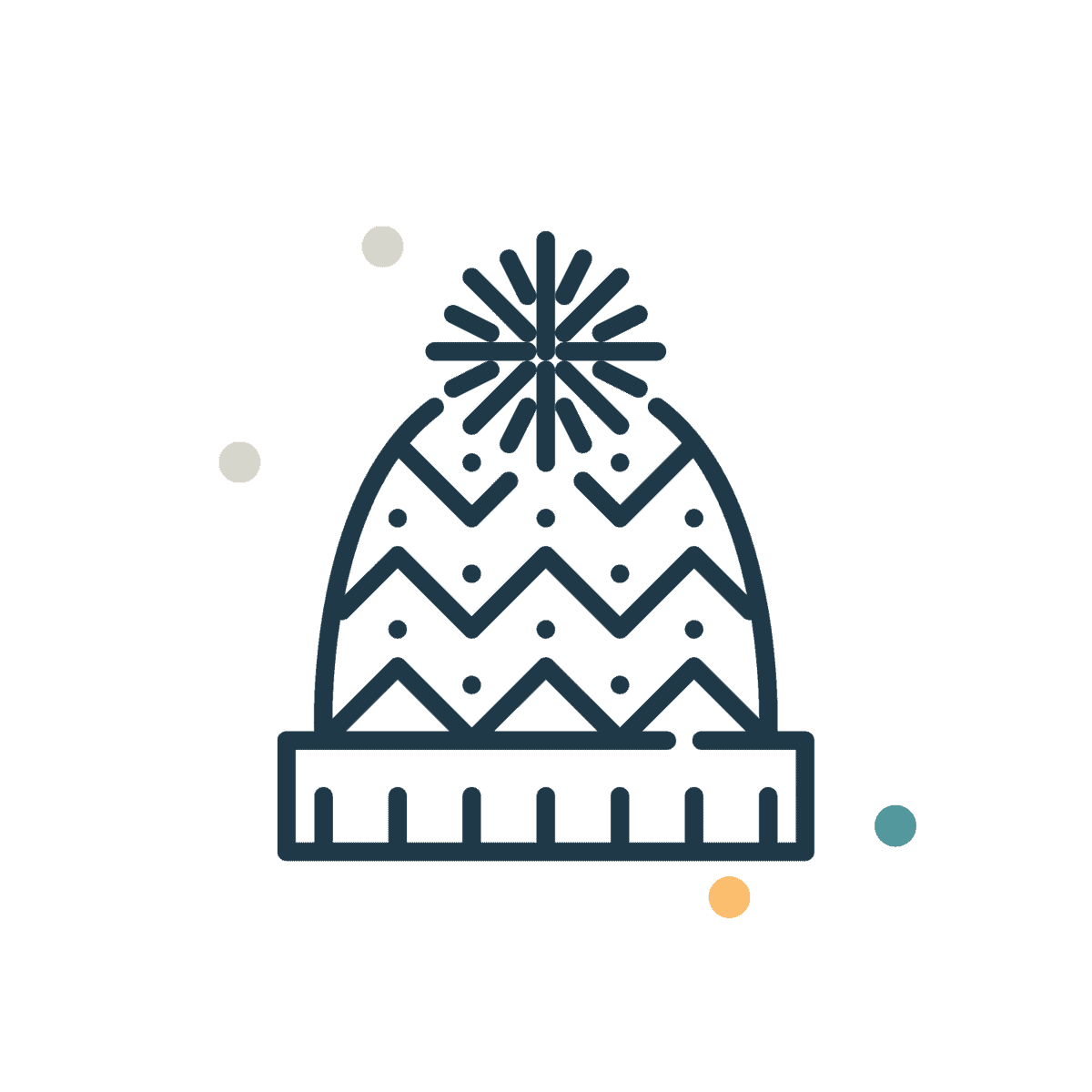 Simple line drawing of a winter knit hat with a pom-pom on top, zigzag patterns, and small decorative dots; colored circles are in the background.