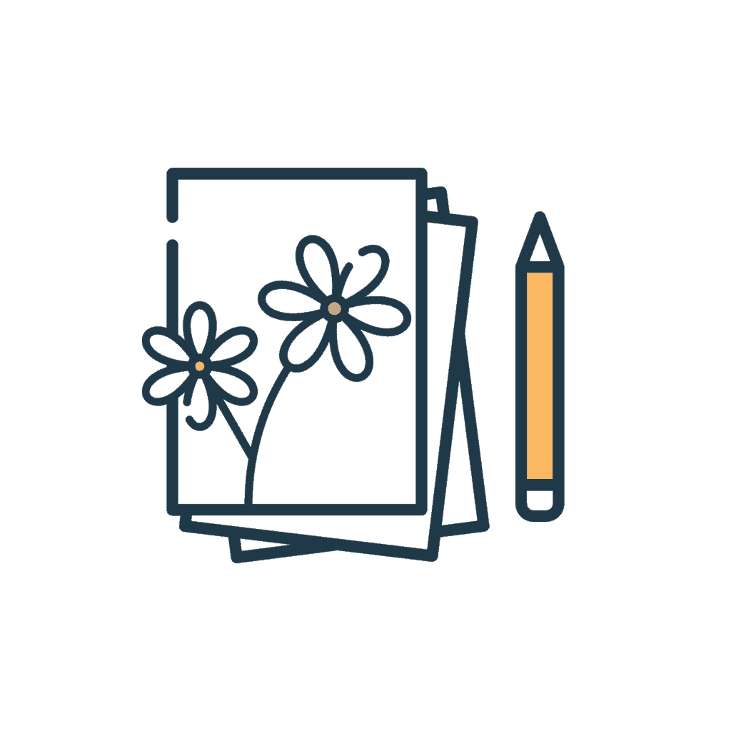 Illustration of two sheets of paper with flower drawings next to a yellow pencil on a plain background.