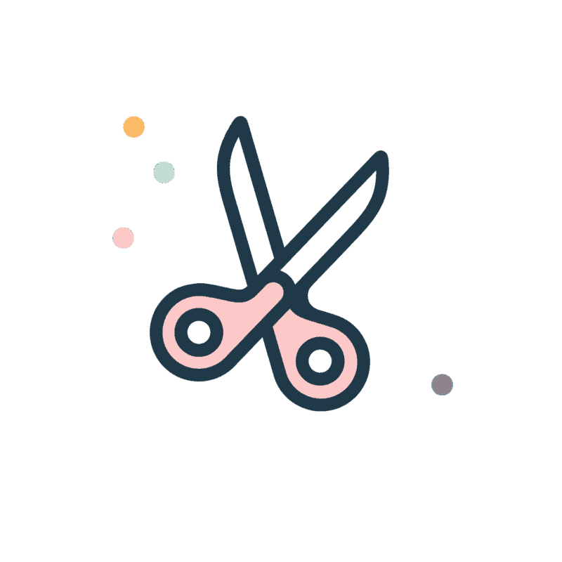 Simple illustration of a pair of pink-handled scissors surrounded by small, colorful dots on a light background.