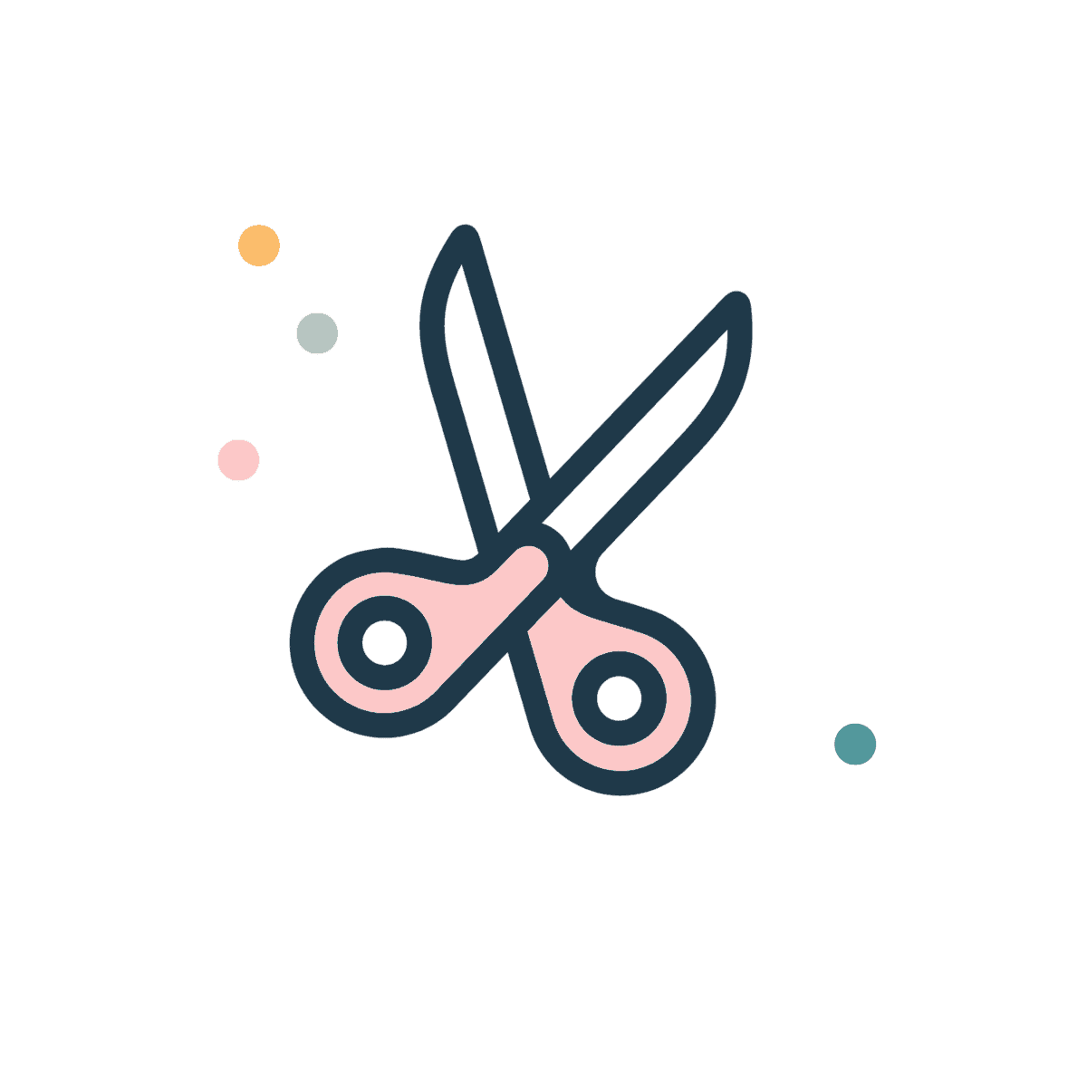 Simple illustration of a pair of pink-handled scissors surrounded by small, colorful dots on a light background.