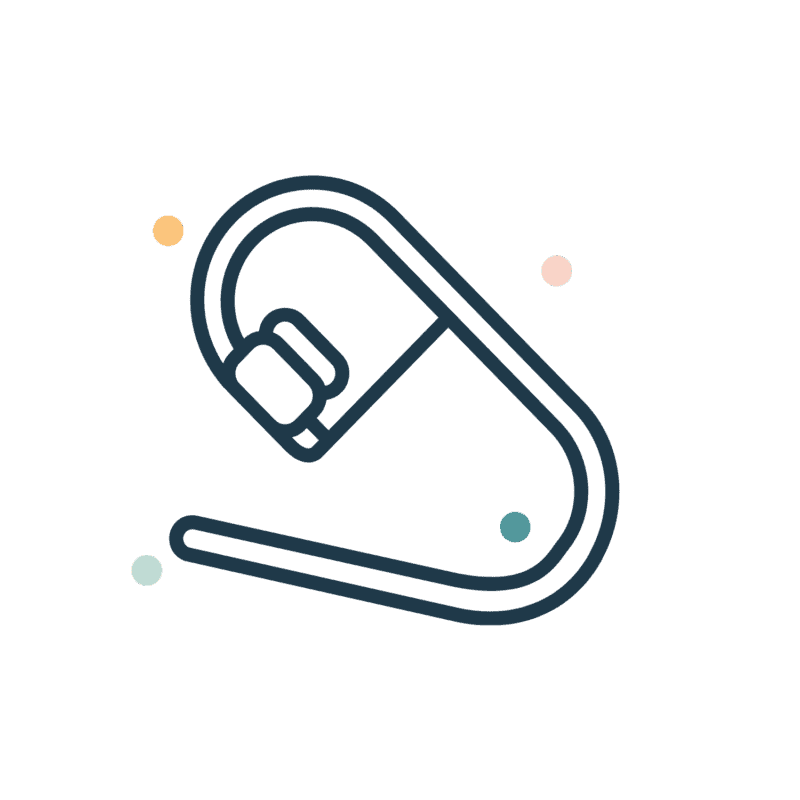Minimalist line drawing of an open carabiner with four small colored dots in the background on a light gray surface.