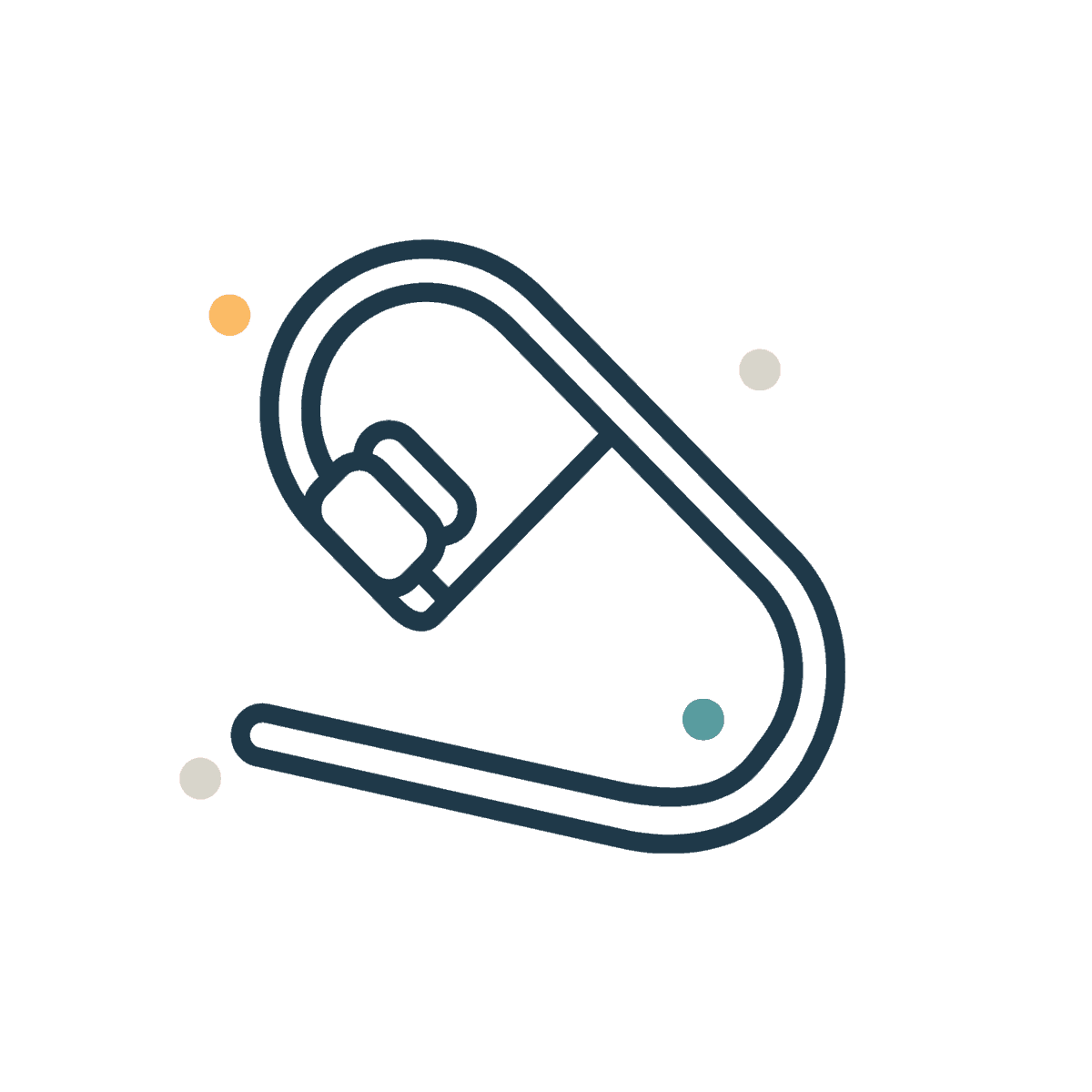 Minimalist line drawing of an open carabiner with four small colored dots in the background on a light gray surface.