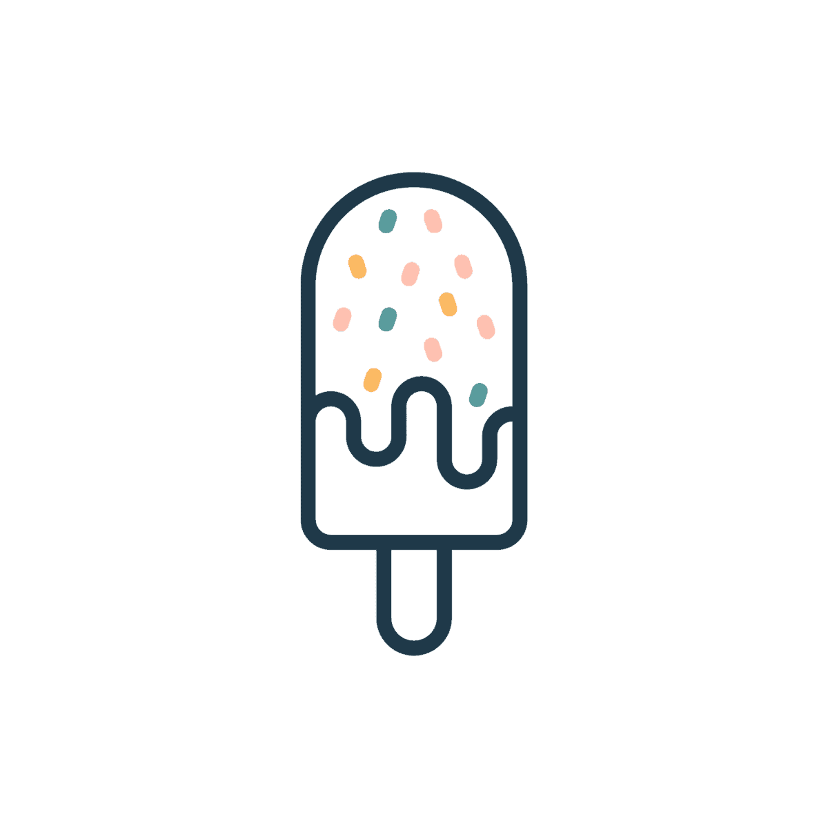 Simple illustration of a popsicle with sprinkles and a dripping top, outlined in dark blue, on a light background.