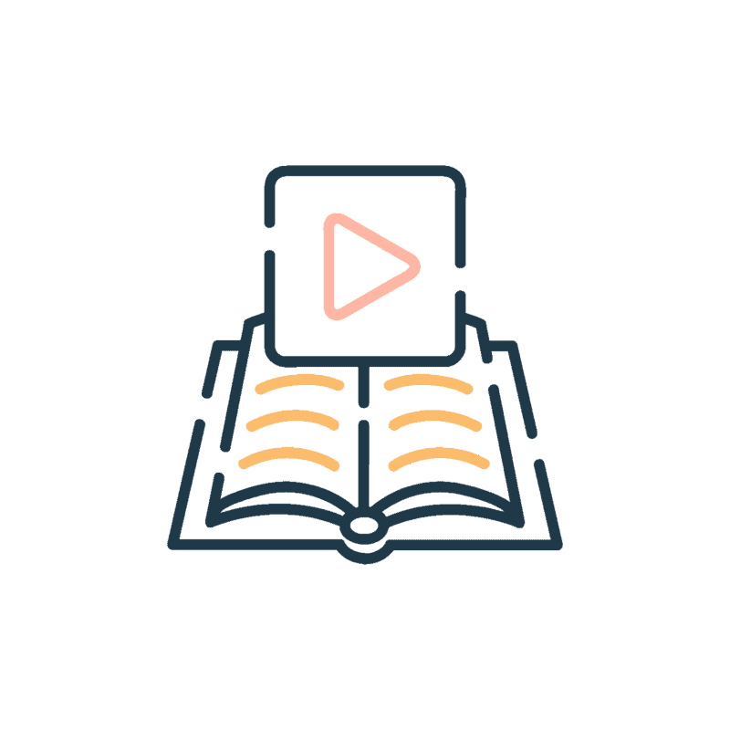 Icon of an open book with a video play button above it, representing multimedia or interactive learning content.