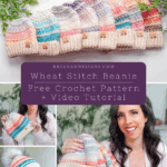 A collection of colorful striped Wheat Stitch Crochet Beanies is displayed, with a woman holding and wearing some of the beanies. Text overlay advertises a free crochet pattern and video tutorial.