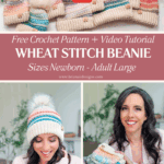 Five colorful Wheat Stitch Crochet Beanies with faux fur poms are displayed, along with a woman modeling and holding the beanies. Text offers a free pattern and video tutorial for making this cozy accessory in all sizes.