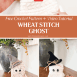 Crocheted ghost figures with black eyes and hats next to small crocheted pumpkins on a wooden surface, promoting a wheat stitch ghost pattern and video tutorial.
